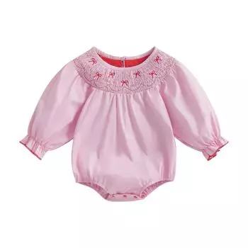 Комбинезон для малышей и девочек с вышивкой бантом, круглым вырезом и длинными рукавами, с присборенным верхом 0-3 Months красный