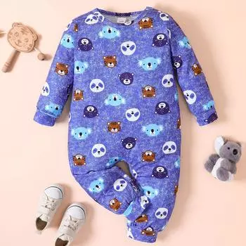 Комбинезон для новорожденных на весну и осень, комбинезон с длинными рукавами, комбинезон для маленьких мальчиков и девочек, комбинезон с мультяшным животным принтом 0-3m синий