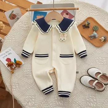 Комбинезон для новорожденных с мультяшным кроликом, очень милый вязаный комбинезон для девочек, хлопковый комбинезон с длинными рукавами для мальчиков, весенне-осенняя одежда для младенцев 66cm бежевый