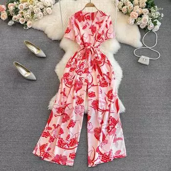 Комбинезон для отдыха на море с v-образным вырезом, модный повседневный тонкий комбинезон с высокой талией и широкими штанинами с принтом