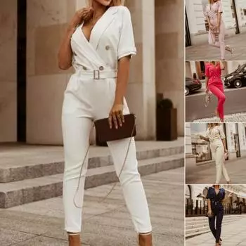 Комбинезон для поездок на работу, однотонный, элегантный, с поясом, строгий белый воротник, с половиной рукавов, глубокий V-образный вырез, отложной воротник, женский комбинезон на шнуровке, женская одежда XL абрикосовый