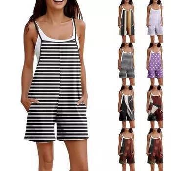 Комбинезон для женщин, летний повседневный комбинезон без рукавов, удобный свободный комбинезон на тонких бретельках, модный комбинезон с карманами L чёрный