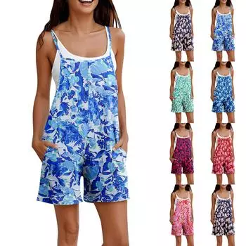 Комбинезон для женщин, летний повседневный комбинезон без рукавов, удобный свободный комбинезон на тонких бретельках, модный комбинезон с карманами L синий