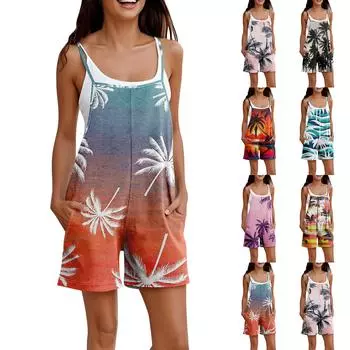 Комбинезон для женщин, летний повседневный комбинезон без рукавов, удобный свободный комбинезон на тонких бретельках, модный комбинезон с карманами L чёрный