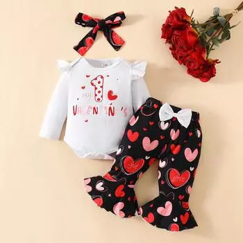 Комбинезон и брюки для маленьких девочек, комплект из топа с круглым вырезом и длинными рукавами с буквенным принтом + расклешенные брюки + повязка на голову, комплект детской одежды 6-9M