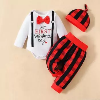 Комбинезон и брюки для маленьких мальчиков, комплект из топа с круглым вырезом и длинными рукавами с буквенным принтом + длинные штаны + кепка, комплект детской одежды 0-3M