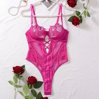 Комбинезон из ПУ кожи со швами, прозрачный, на тонких бретелях, тюль Rose Red S