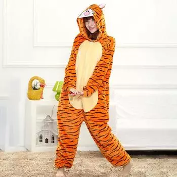Комбинезон кигуруми для взрослых, пижамный костюм с изображением тигра, теплая мягкая одежда для сна, цельный зимний комбинезон, пижама, ночная рубашка, женская одежда S оранжевый