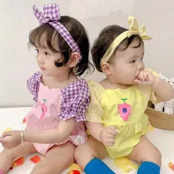 Комбинезон контрастного цвета с пышными рукавами в клетку в западном стиле для маленьких девочек 90