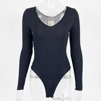 Комбинезон-майка с V-образным вырезом, однотонный, с длинным рукавом, на каждый день Black S