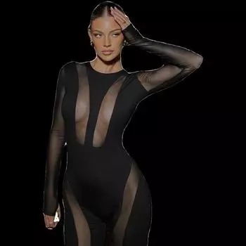 Комбинезон Модный Стиль 2023 Лето Новое Поступление Женская Одежда Модный круглый вырез Длинные рукава Сексуальная сетка Прозрачный Слим Black S