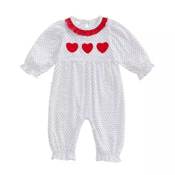 Комбинезон на День святого Валентина для девочек с рисунком в виде сердечек и бантов, оборками, круглым вырезом и длинными рукавами, комбинезон для новорожденных 0-3 Months красный
