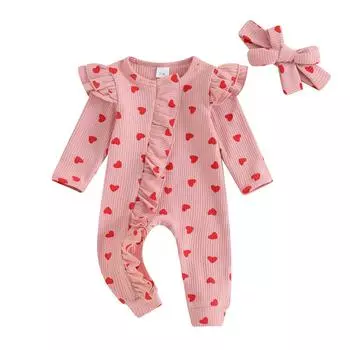 Комбинезон на День святого Валентина для маленьких девочек, розовый, с длинными рукавами, круглым вырезом, принтом в виде сердца, оборками и повязкой на голову 6-12 Months розовый
