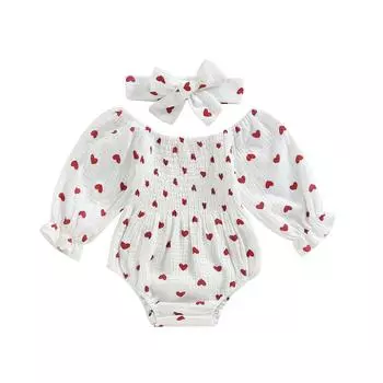 Комбинезон на День святого Валентина для маленьких девочек, комбинезоны с длинными рукавами и вырезом «лодочкой», с принтом сердца для младенцев, осенне-зимние боди с повязкой на голову 3-6 Months белый