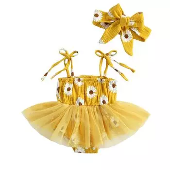 Комбинезон на шнуровке для девочек с подвязками и принтом в виде свежей ромашки, сетчатая пряжа, комбинезон и повязка на голову 6-12 Months