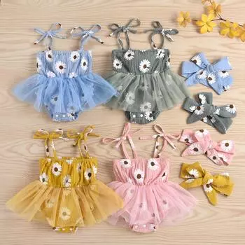 Комбинезон на шнуровке для девочек с подвязками и принтом в виде свежей ромашки, сетчатая пряжа, комбинезон и повязка на голову 0-3 Months жёлтый