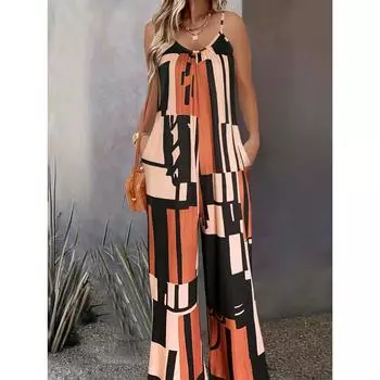 Комбинезон на тонких бретельках с геометрическим принтом, повседневный, без рукавов, с широкими штанинами и двумя карманами, для весны и лета S