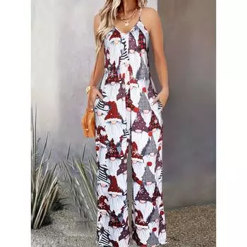 Комбинезон на тонких бретельках с рождественским принтом, праздничный комбинезон без рукавов с широкими штанинами и двумя карманами на весну и лето S