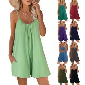 Комбинезон однотонный женский летний новый повседневный комбинезон на бретелях брюки S чёрный