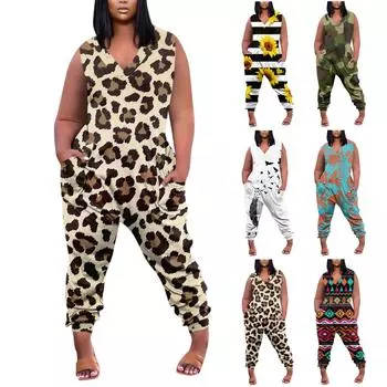 Комбинезон Повседневный комбинезон без рукавов с принтом и карманами XL