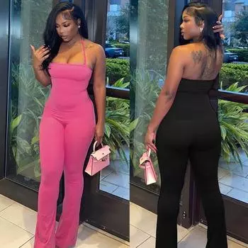 Комбинезон с бретельками через шею без рукавов и расклешенными брюками для женщин, уличная одежда для вечеринок на день рождения, однотонный, чистый, сексуальный, для клуба, без бретелек S розы красного