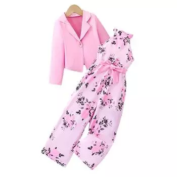 Комбинезон с цветочным принтом и розовой курткой в европейском стиле из двух предметов для девочек 3-4 Years