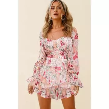 Комбинезон с цветочным принтом, сексуальные шорты с открытой спиной и квадратным вырезом, длинными рукавами и рюшами S розовый