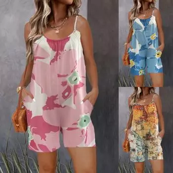 Комбинезон с цветочным принтом в стиле бохо, короткий комбинезон без рукавов для отпуска, женская одежда S золотой