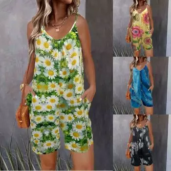 Комбинезон с цветочным принтом в стиле бохо, короткий комбинезон без рукавов «спагетти» для отпуска, женская одежда S чёрный
