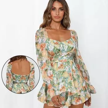 Комбинезон с цветочным принтом, женские сексуальные модные шорты с открытой спиной и квадратным вырезом, длинными рукавами, европейские и американские шорты с рюшами XL чёрный