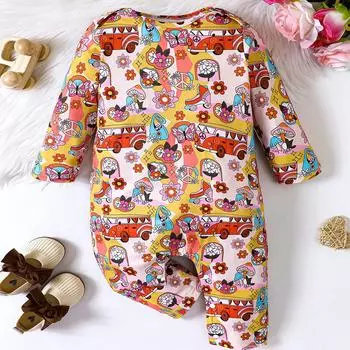 Комбинезон с длинными рукавами для мальчика и девочки с милым мультяшным рисунком по всей поверхности 3-6M