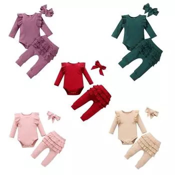 Комбинезон с длинными рукавами для маленьких девочек, брюки с рюшами и повязкой на голову, комплект одежды из 3 предметов 100