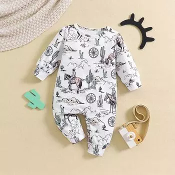 Комбинезон с длинными рукавами для младенцев и мальчиков с ковбойским узором 1-3M