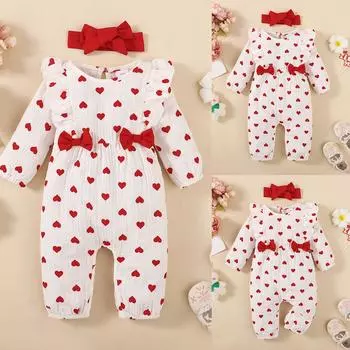 Комбинезон с длинными рукавами и сердечками для новорожденных девочек, комбинезон с повязкой из бисера, одежда, наряд 0-3 Months белый