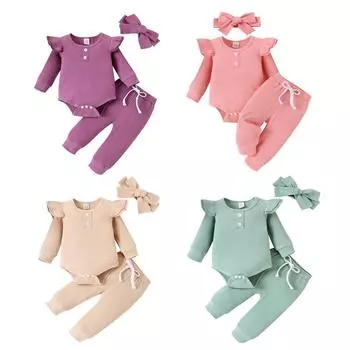 Комбинезон с длинными рукавами и вертикальной полоской для маленьких девочек, комплект одежды из топа, штанов и повязки на голову 80