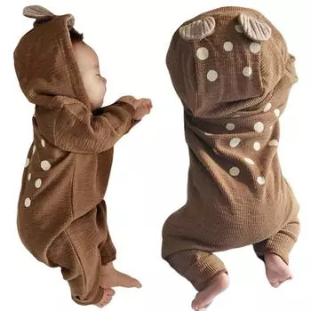 Комбинезон с капюшоном и милым оленем для маленьких мальчиков, одежда для новорожденных 1 года, одежда для малышей 0-24 месяцев, коричневый комбинезон в горошек для девочек 73