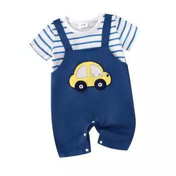 Комбинезон с короткими рукавами для маленьких мальчиков, круглый вырез в полоску с нашивкой автомобиля, комбинезон из двух предметов, летняя одежда для малышей 3-6 Months