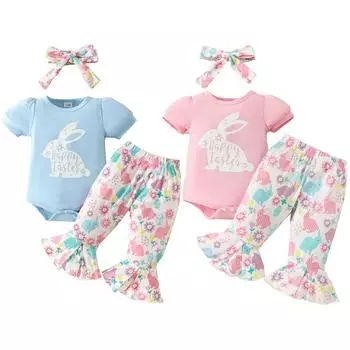 Комбинезон с короткими рукавами для маленьких девочек, расклешенные брюки с принтом и костюм с повязкой на голову, комплект одежды «Счастливая Пасха» 3-6m