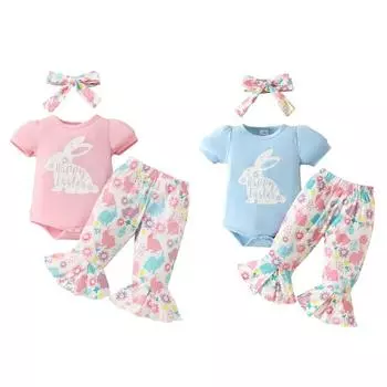 Комбинезон с короткими рукавами для маленьких девочек, расклешенные брюки с принтом и костюм с повязкой на голову, комплект одежды «Счастливая Пасха» 12-18M