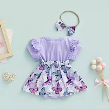 Комбинезон с короткими рукавами для маленьких девочек + повязка на голову с бантом, 3 м, 6 м, 9 м, 12 м, 18 м, летняя одежда принцессы с круглым вырезом и принтом бабочки 0-3 Months фиолетовый