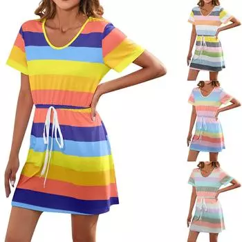 Комбинезон с круглым вырезом в полоску и принтом Комбинезон с короткими рукавами Пижама Повседневное платье L синий