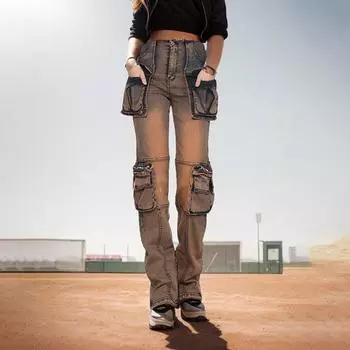 Комбинезон с несколькими карманами Thai Feng Shui Wash, весенний модный дизайн Sense, облегающие универсальные джинсы для женщин S кофейный