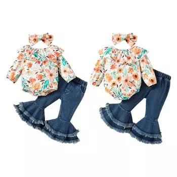 Комбинезон с оборками для маленьких девочек, джинсовые расклешенные брюки, повязка для волос с бантом, комплект одежды из 3 предметов 80