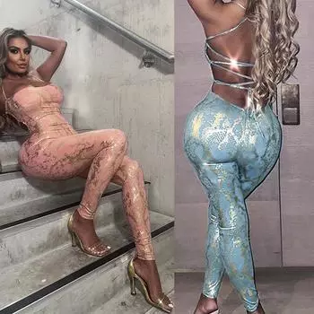 Комбинезон с открытой спиной и перекрестными бретелями, сексуальный блестящий костюм на весну и лето для женской одежды, вечерние, клубная одежда L синий