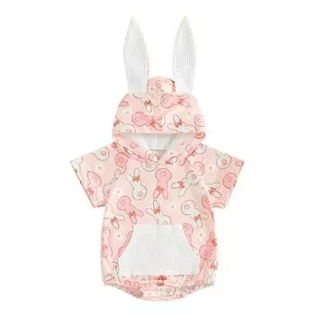 Комбинезон с пасхальным капюшоном для младенцев, комбинезон с короткими рукавами и карманами, летняя одежда с рисунком кролика для детей 3, 6, 12, 18 месяцев 12-18 Months синий