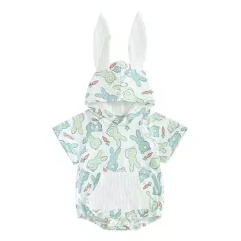Комбинезон с пасхальным капюшоном для младенцев, комбинезон с короткими рукавами и карманами, летняя одежда с рисунком кролика для детей 3, 6, 12, 18 месяцев 3-6 Months розовый