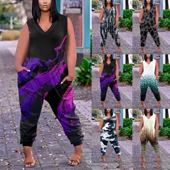 Комбинезон с V-образным вырезом и карманами Плюс Размер Комбинезон без рукавов Комбинезон со свободными рукавами Летний комбинезон