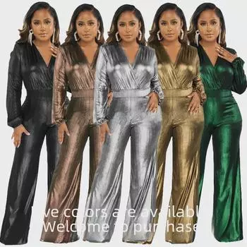 Комбинезон с высокой резинкой и V-образным вырезом - сексуальный в европейском и американском стиле Triple XL серебряный