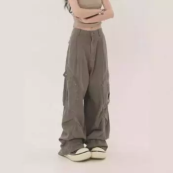 Комбинезон унисекс в американском ретро-стиле — свободный крой, большие карманы, плиссированные широкие штаны для мытья полов. XXL серый/зелёный