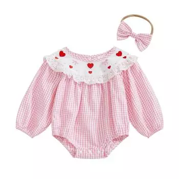 Комбинезон в клетку для маленьких девочек с кружевной отделкой, вышитыми сердечками и бантами, с длинными рукавами и милой повязкой на голову для малышей 6-12 Months розовый